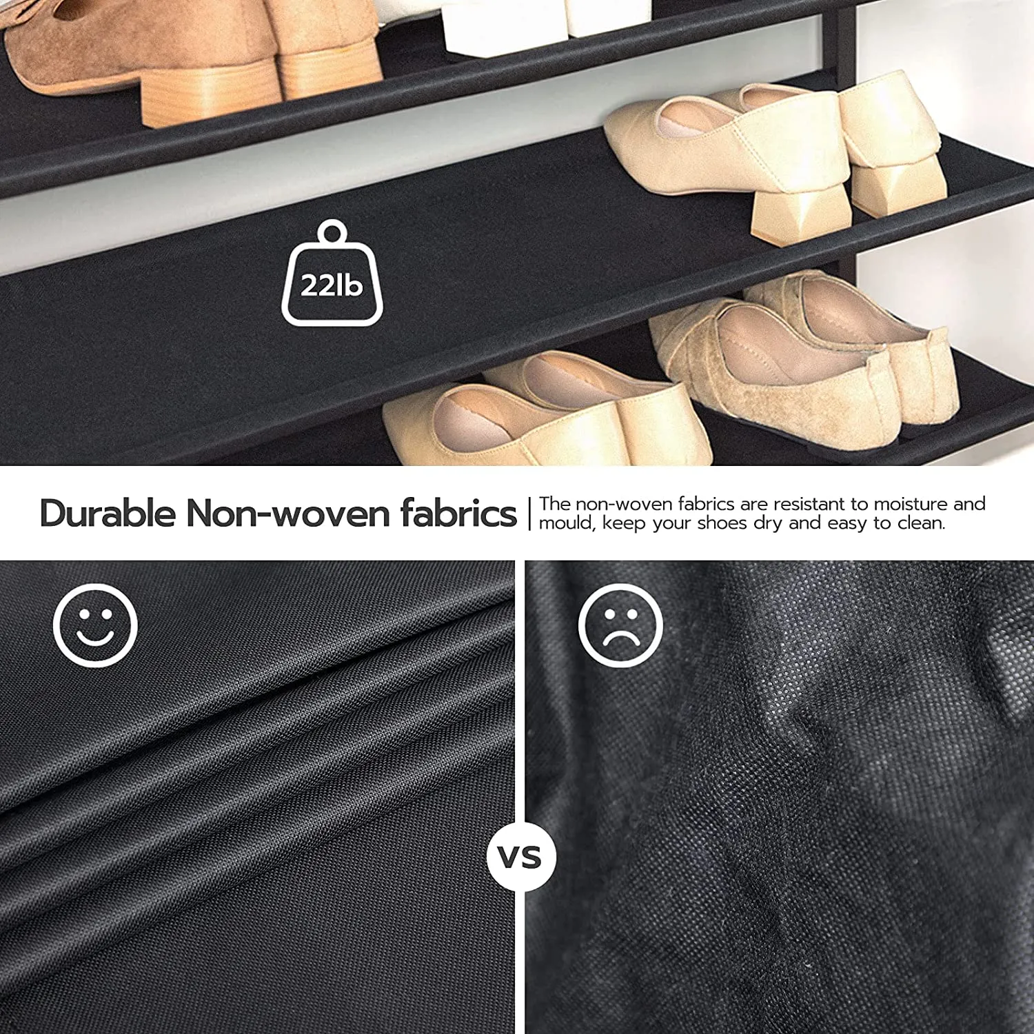 6-Tier Shoe Rack, Shoe Shelf Organizer with Hooks and 5 Oxford Fabric Shelves