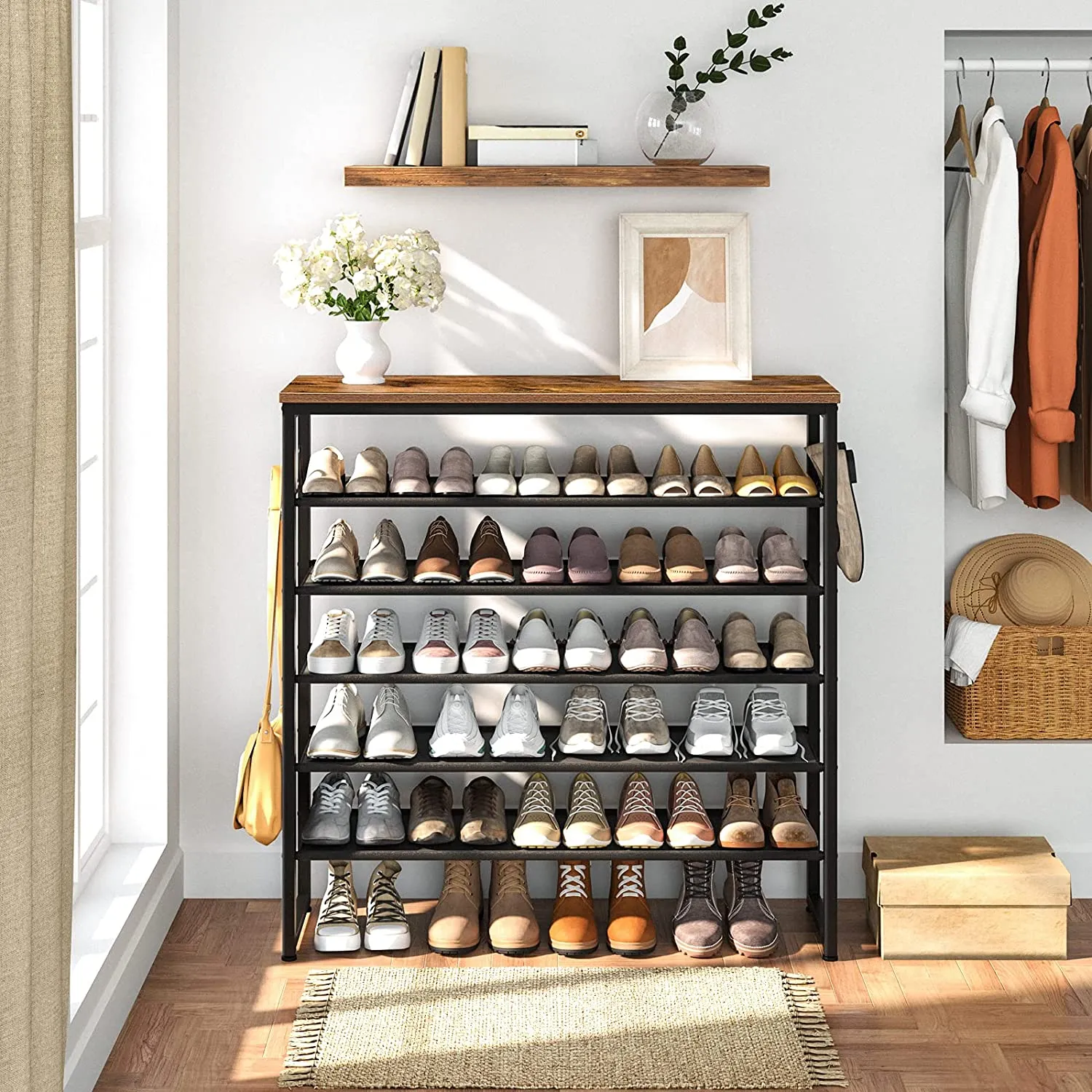 6-Tier Shoe Rack, Shoe Shelf Organizer with Hooks and 5 Oxford Fabric Shelves