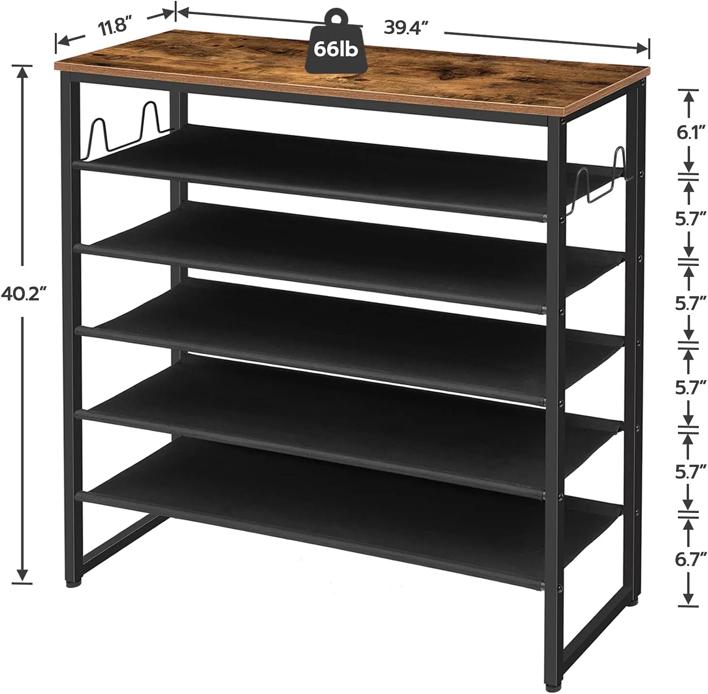 6-Tier Shoe Rack, Shoe Shelf Organizer with Hooks and 5 Oxford Fabric Shelves