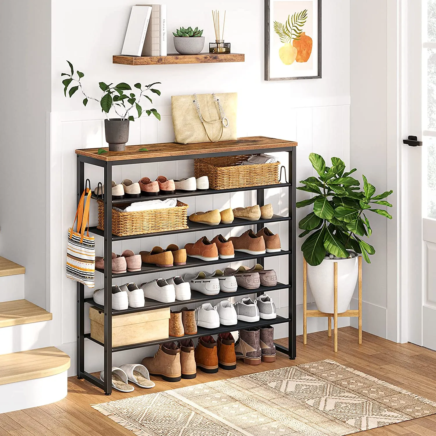 6-Tier Shoe Rack, Shoe Shelf Organizer with Hooks and 5 Oxford Fabric Shelves