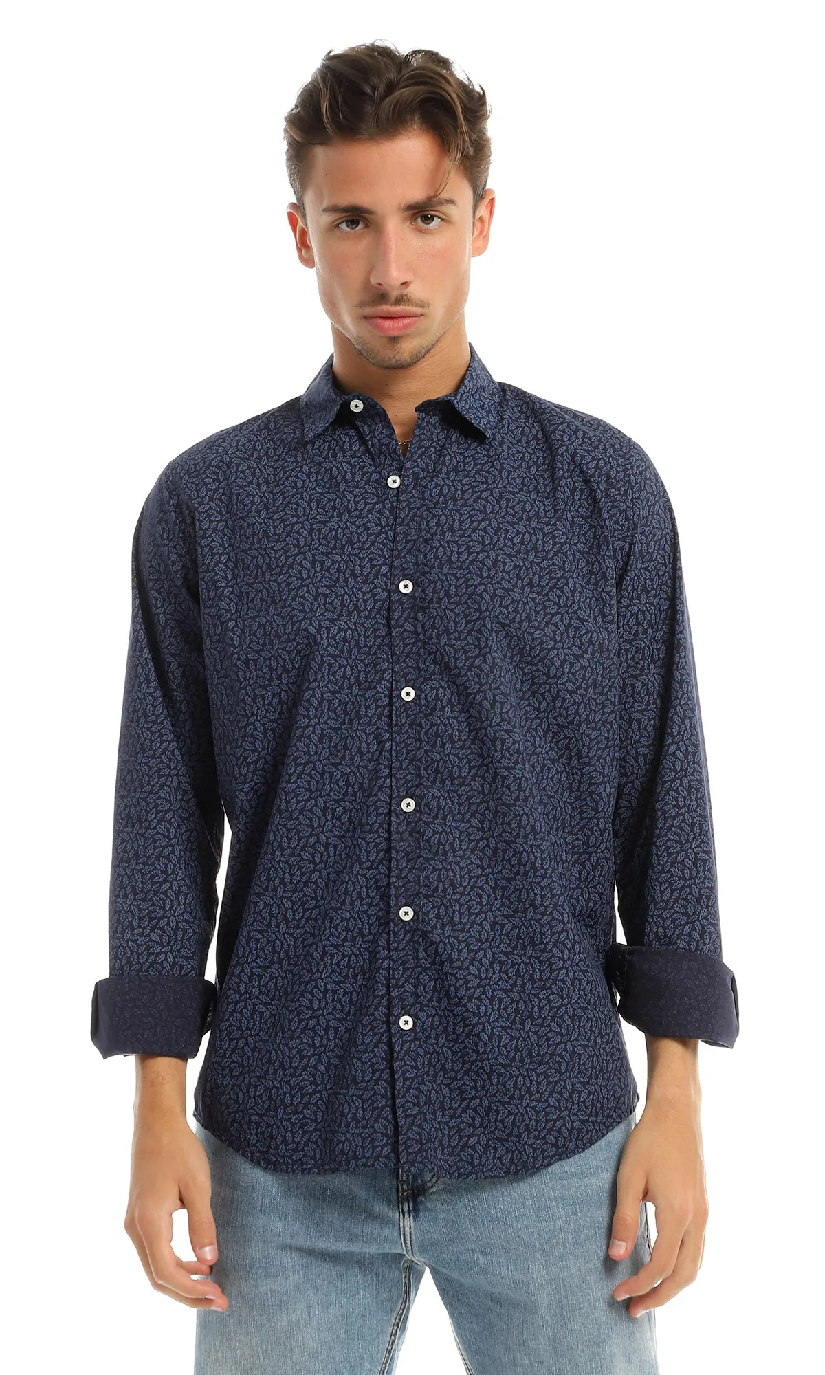 97825 Leaves Pattern Navy Blue Full Buttoned Shirt