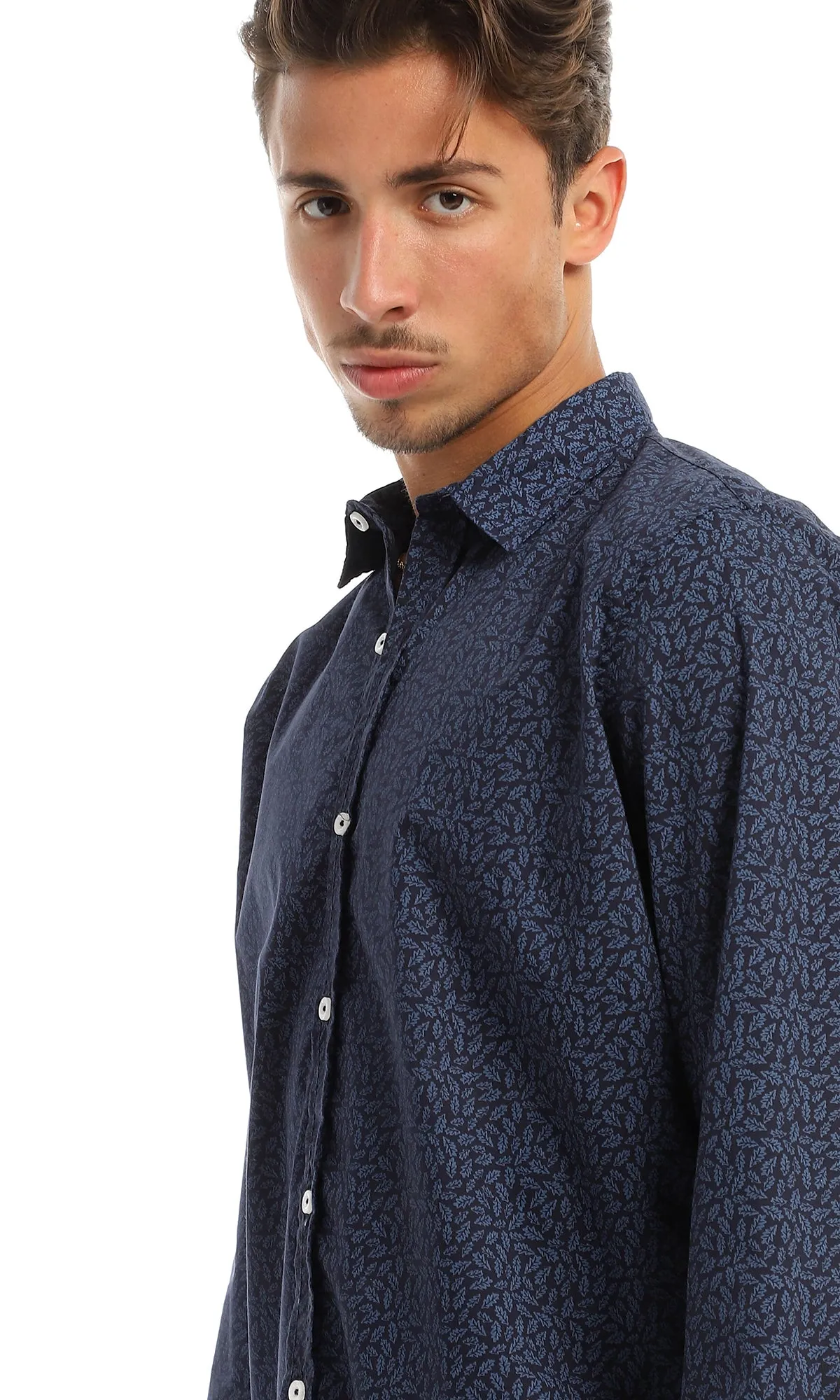 97825 Leaves Pattern Navy Blue Full Buttoned Shirt