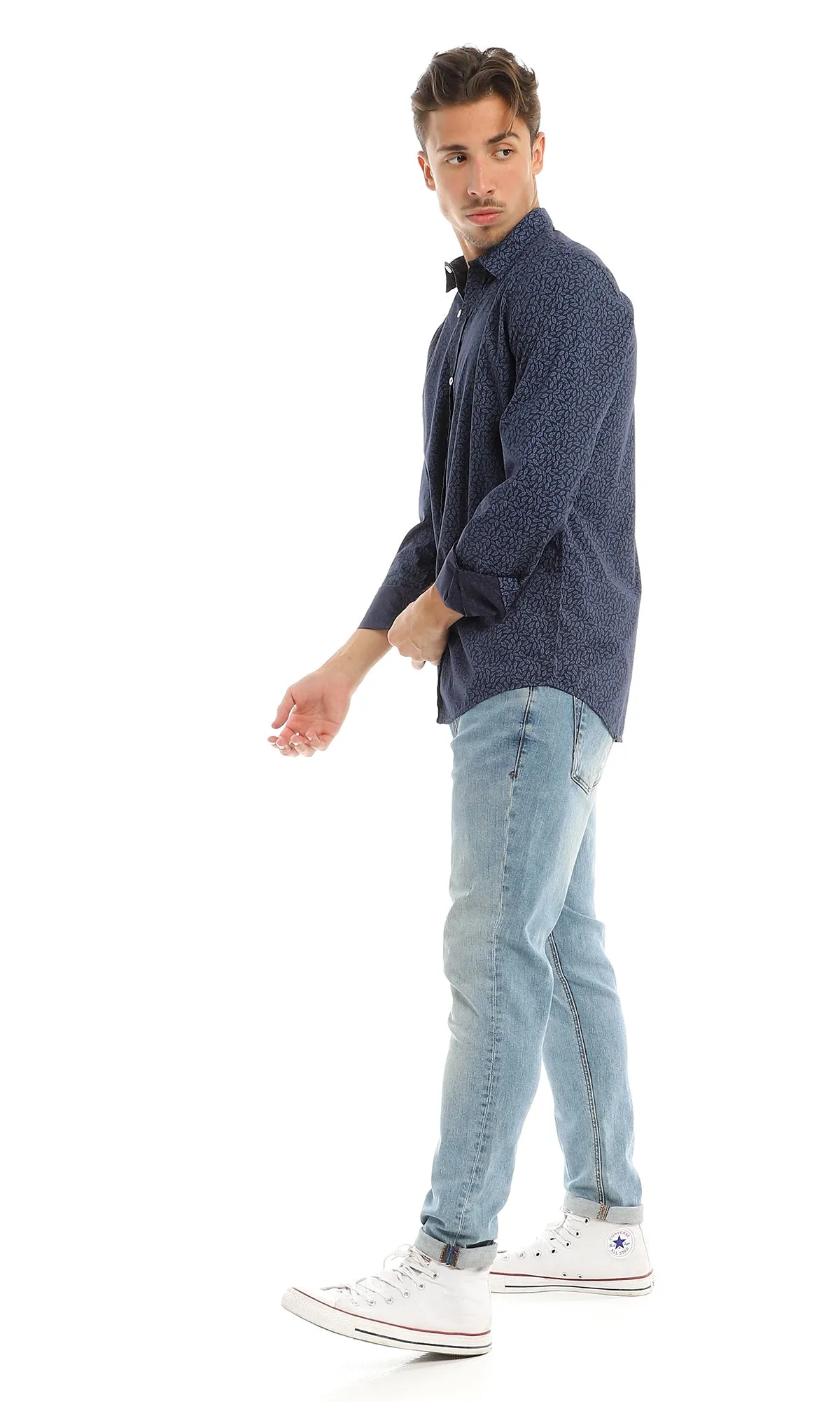 97825 Leaves Pattern Navy Blue Full Buttoned Shirt
