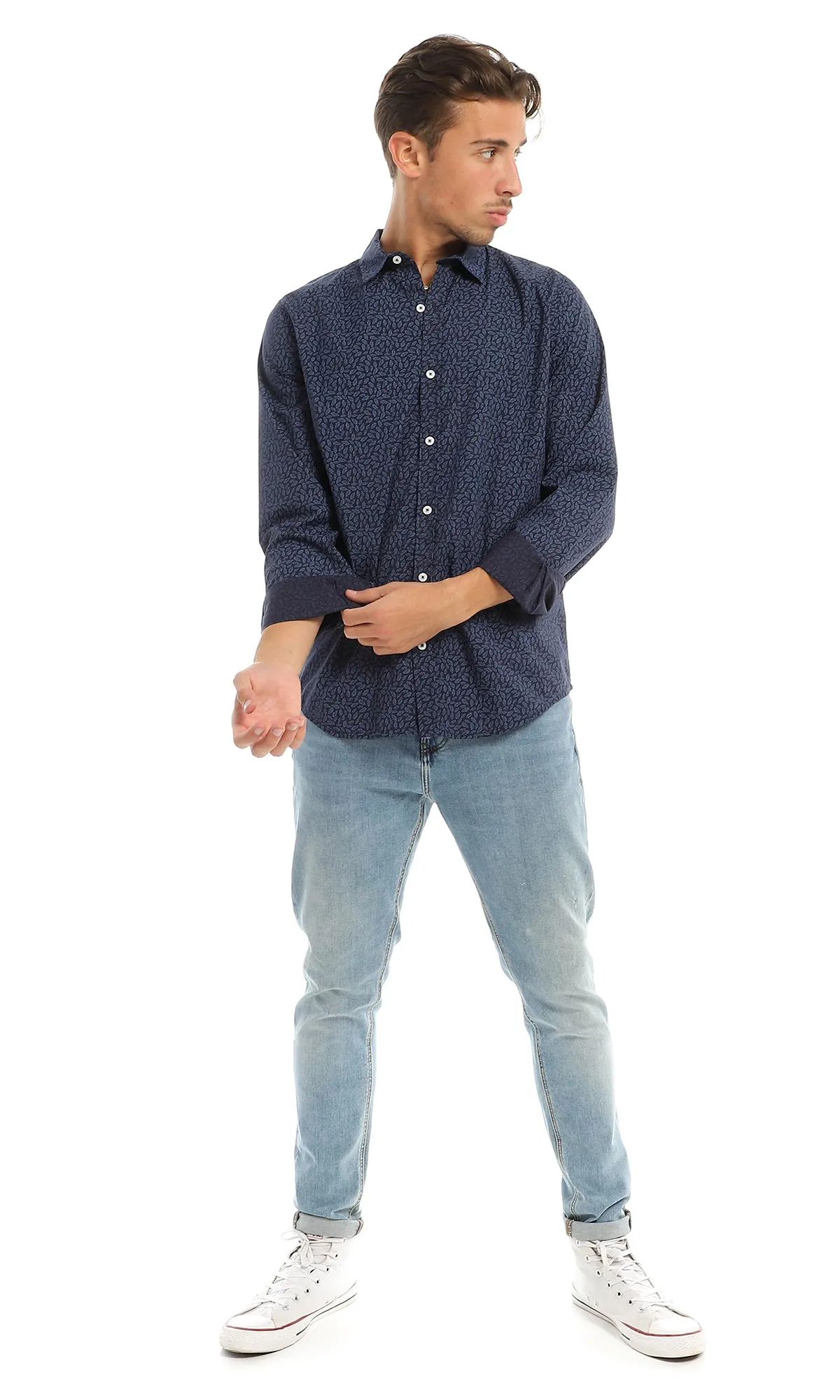 97825 Leaves Pattern Navy Blue Full Buttoned Shirt