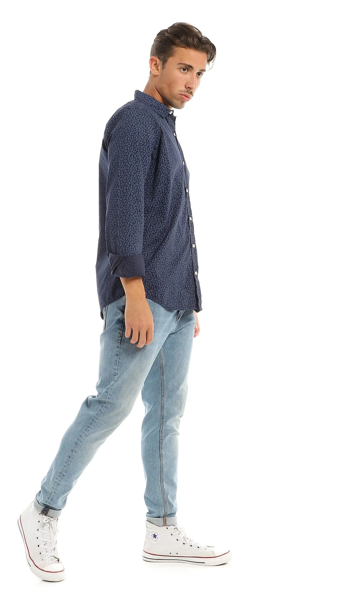 97825 Leaves Pattern Navy Blue Full Buttoned Shirt