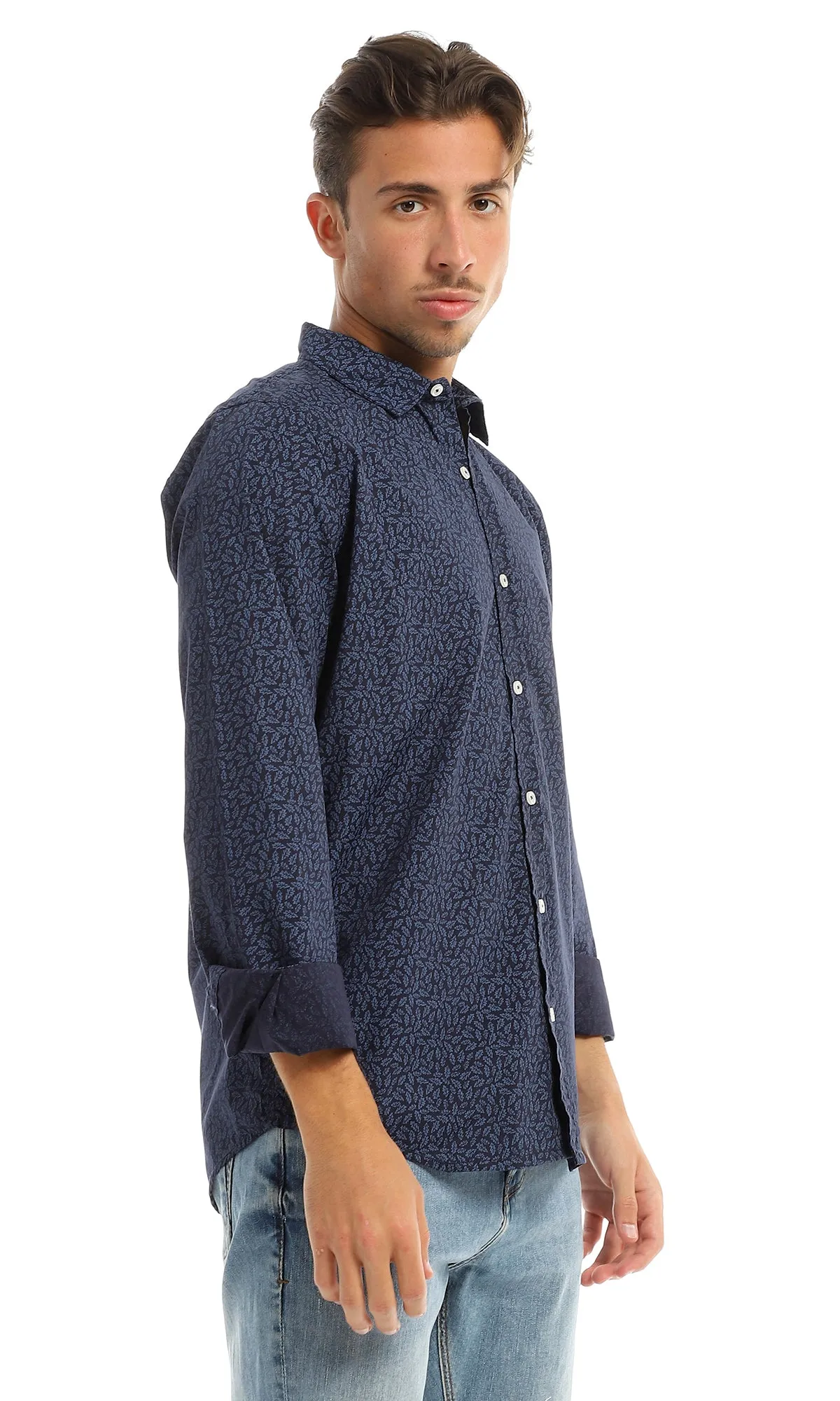 97825 Leaves Pattern Navy Blue Full Buttoned Shirt
