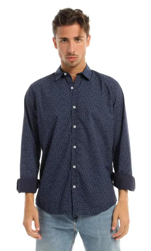 97825 Leaves Pattern Navy Blue Full Buttoned Shirt