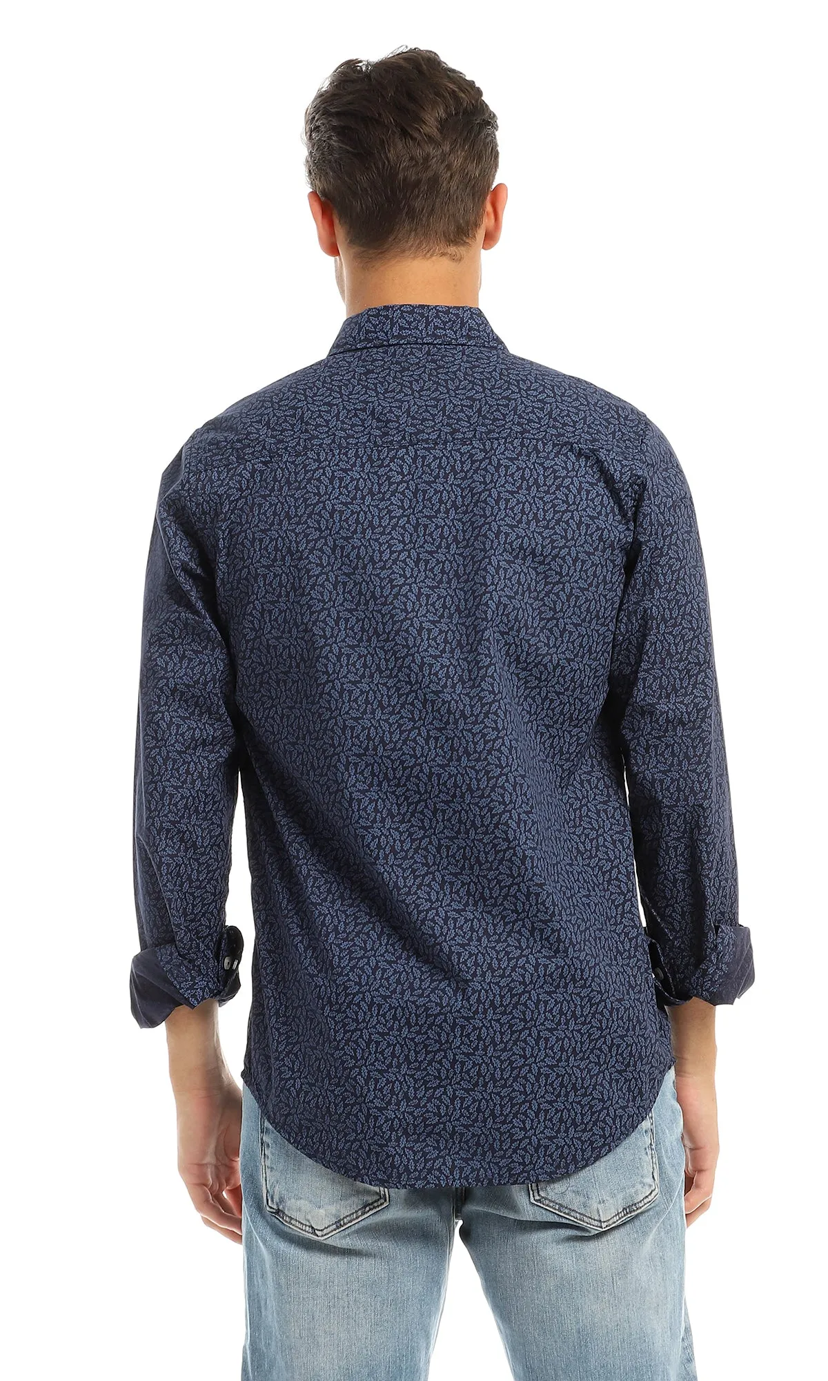 97825 Leaves Pattern Navy Blue Full Buttoned Shirt