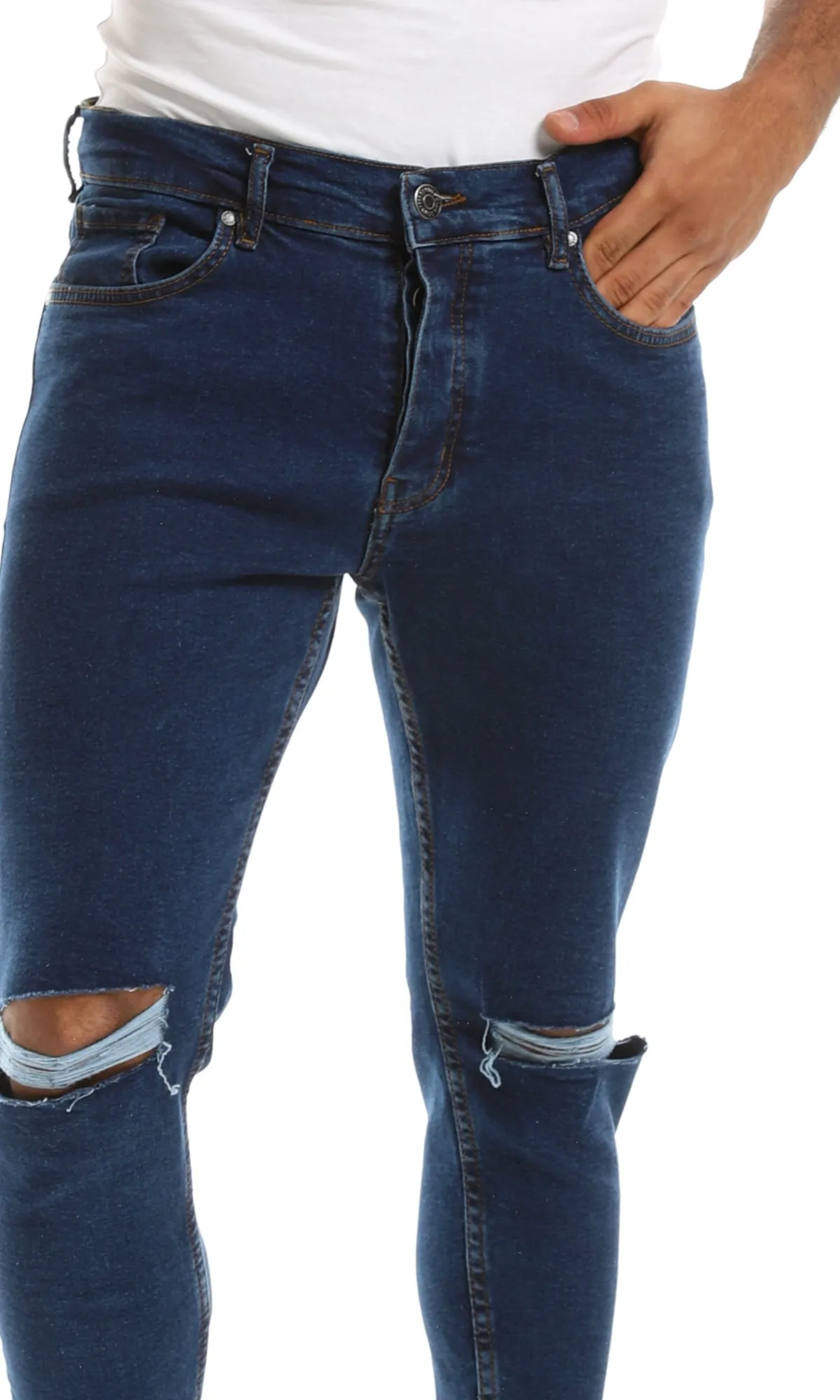 98035 Ripped Knee Jeans With Buttons Closure - Deep Indigo