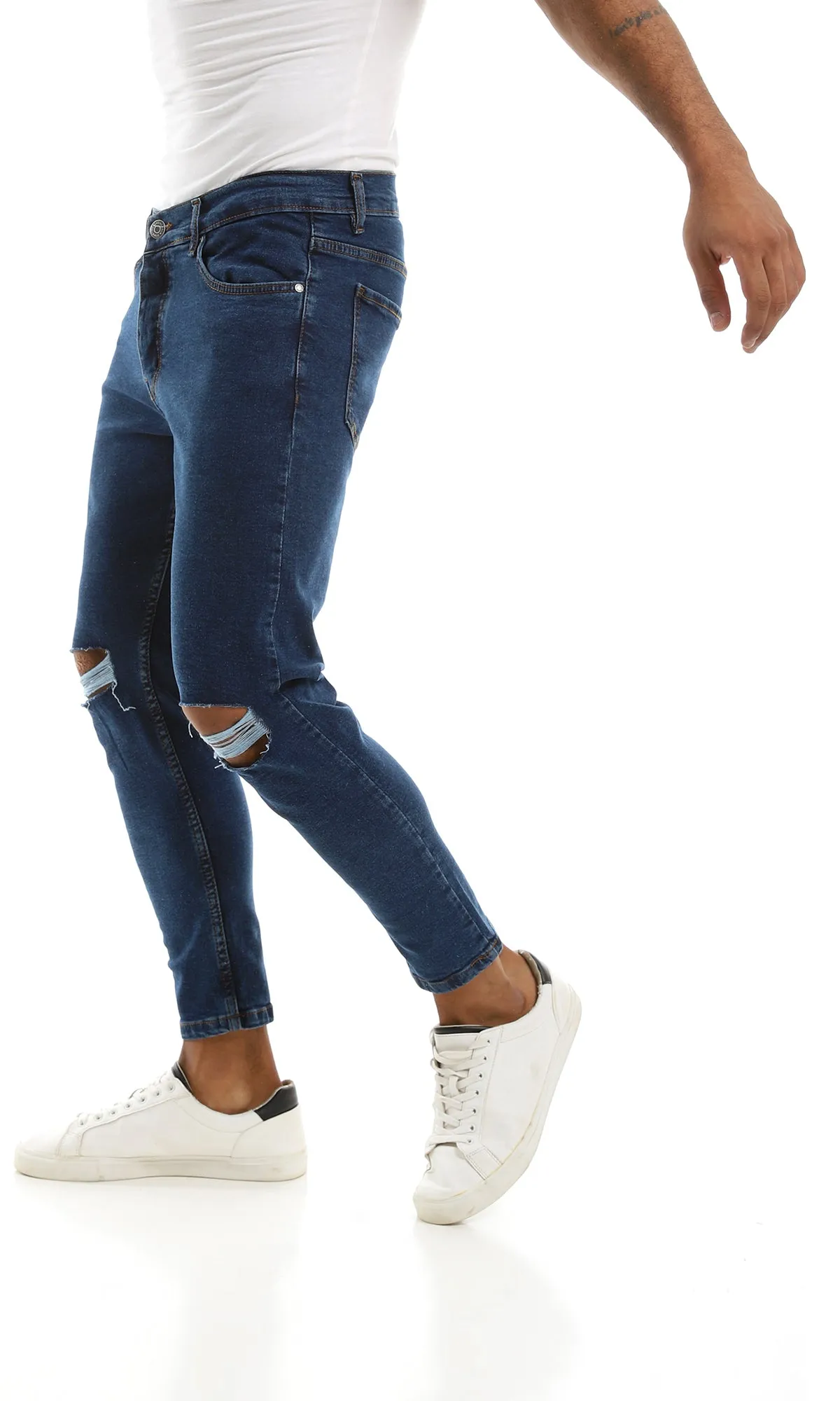 98035 Ripped Knee Jeans With Buttons Closure - Deep Indigo
