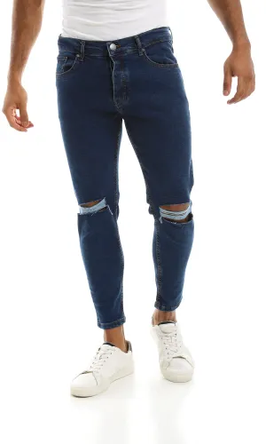 98035 Ripped Knee Jeans With Buttons Closure - Deep Indigo