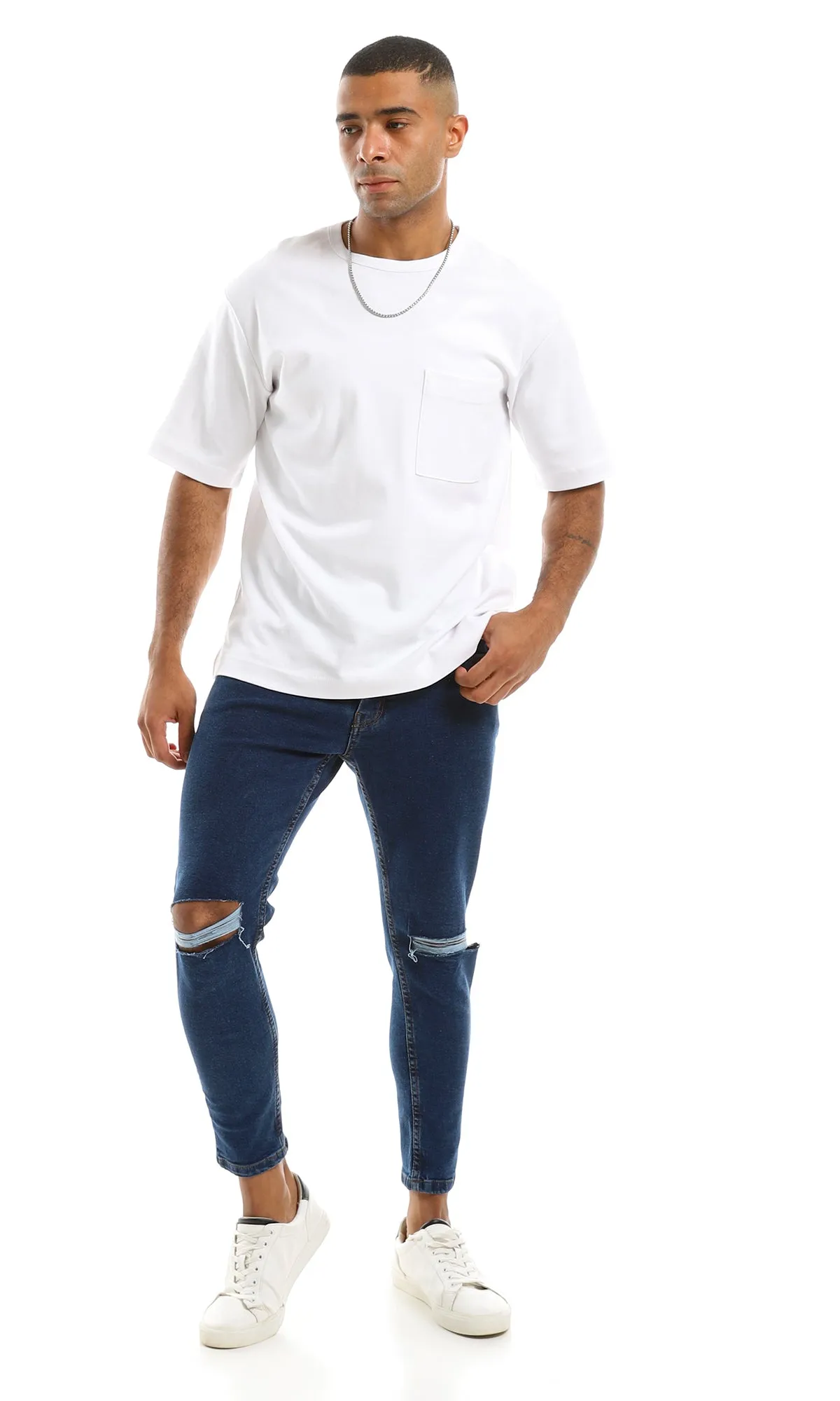 98035 Ripped Knee Jeans With Buttons Closure - Deep Indigo