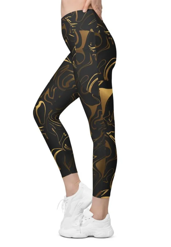 Black & Gold Crossover Leggings With Pockets