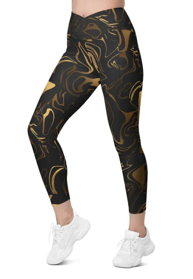 Black & Gold Crossover Leggings With Pockets