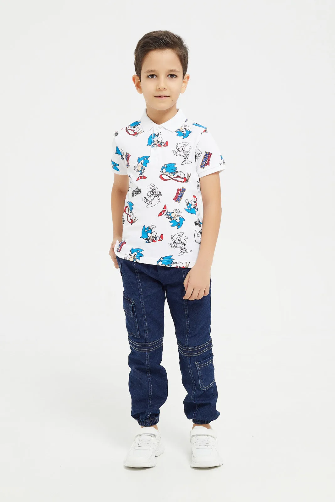 Boys White Sonic Print Polo Shirt