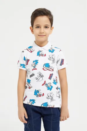 Boys White Sonic Print Polo Shirt