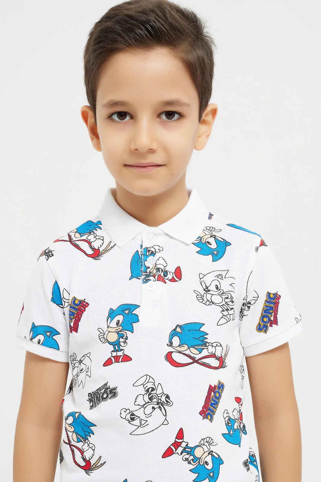 Boys White Sonic Print Polo Shirt