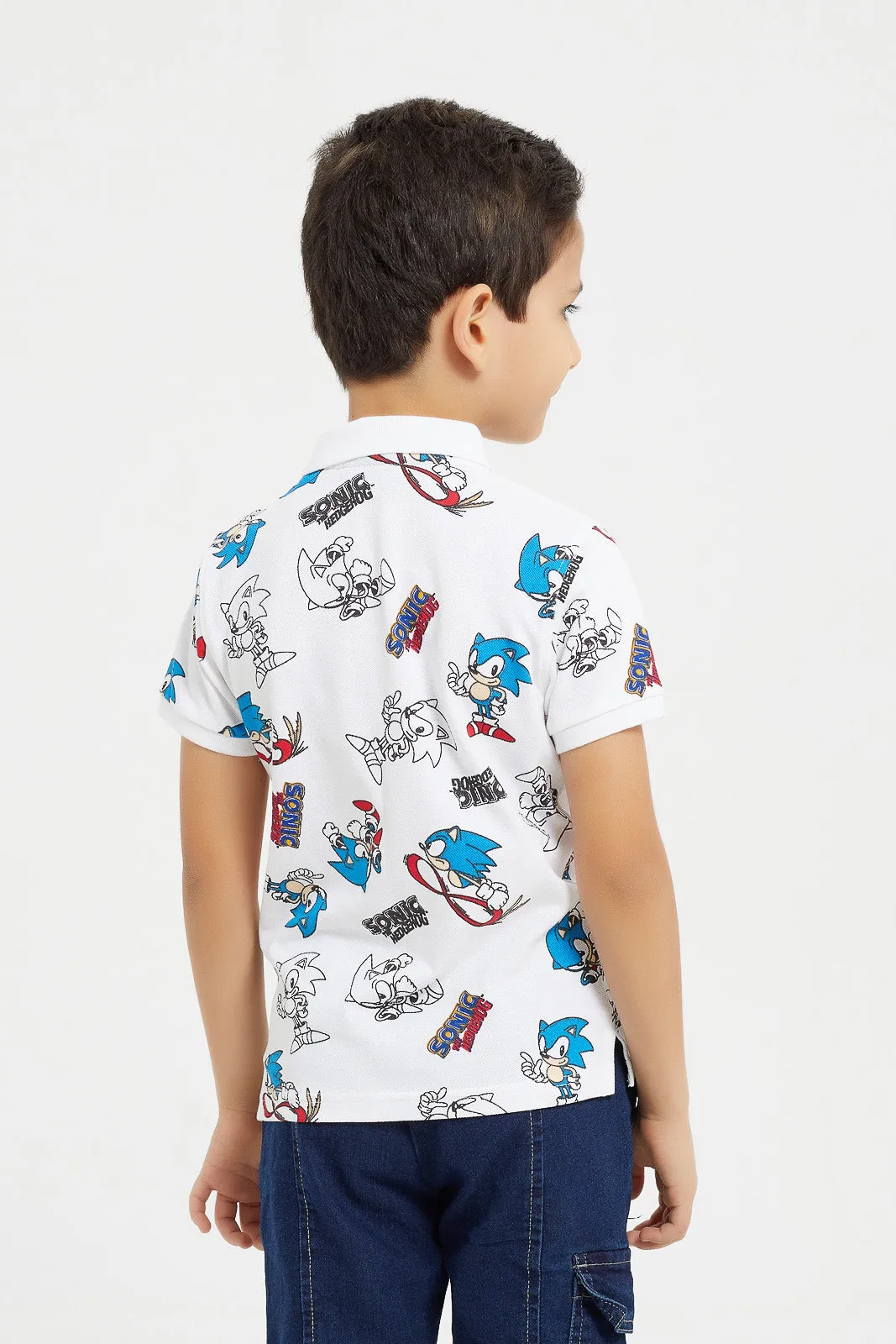 Boys White Sonic Print Polo Shirt