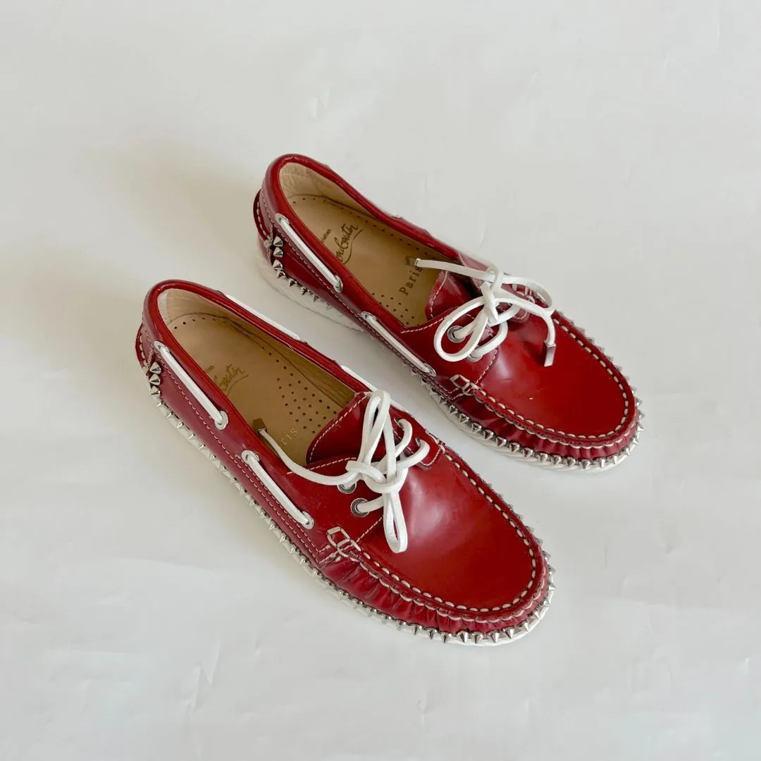 Christian Louboutin Red Leather Spike Boat Shoes, 36.5