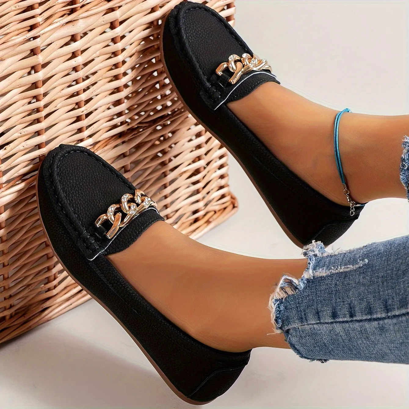 Dames loafers met strass ketting - Comfortabele slip-on schoenen