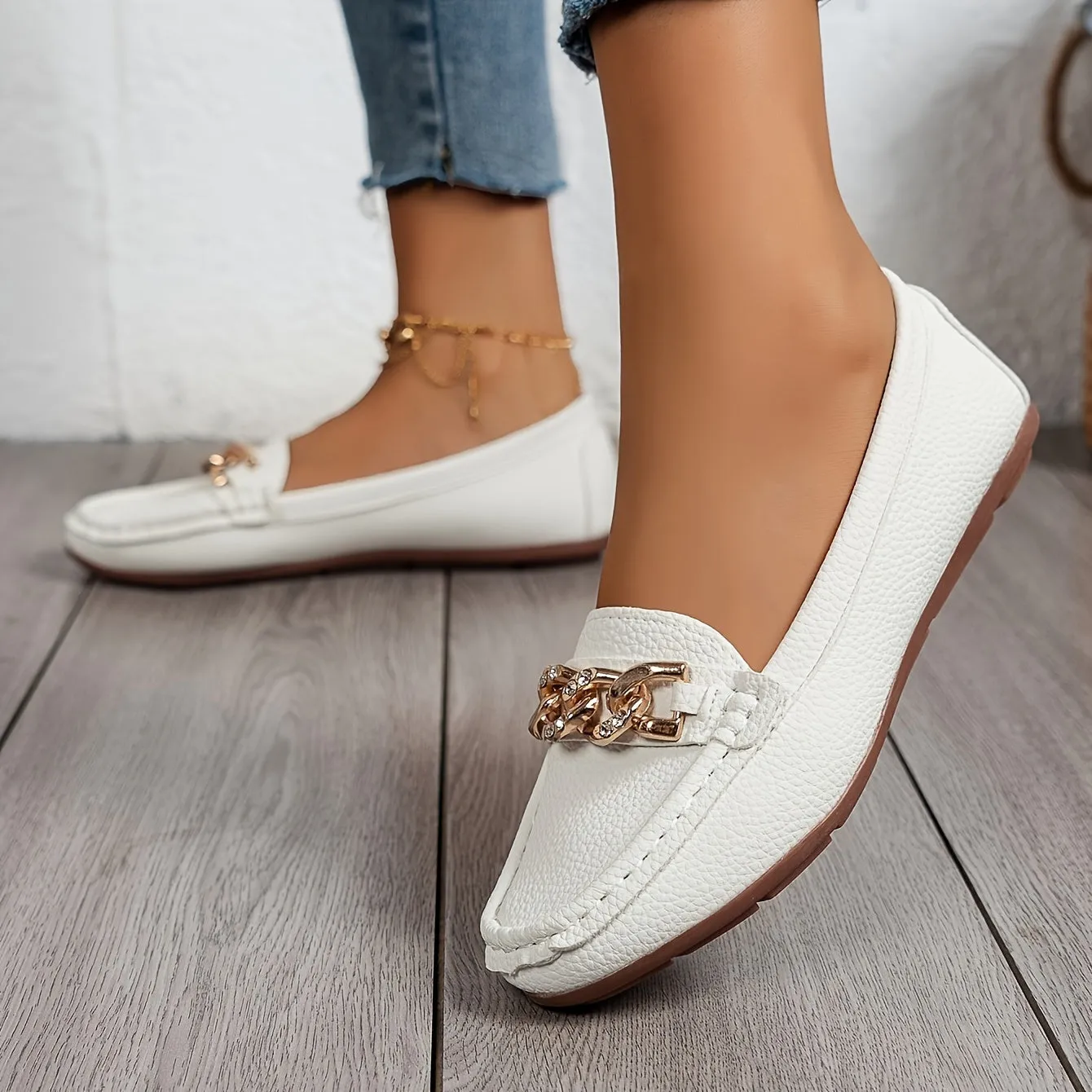 Dames loafers met strass ketting - Comfortabele slip-on schoenen
