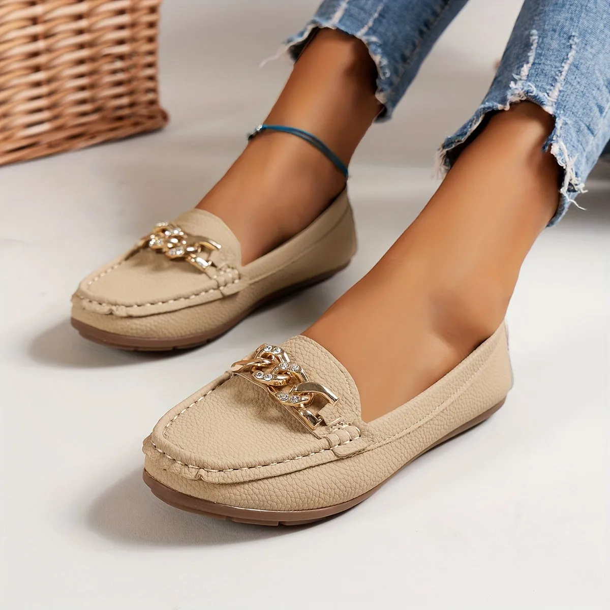 Dames loafers met strass ketting - Comfortabele slip-on schoenen