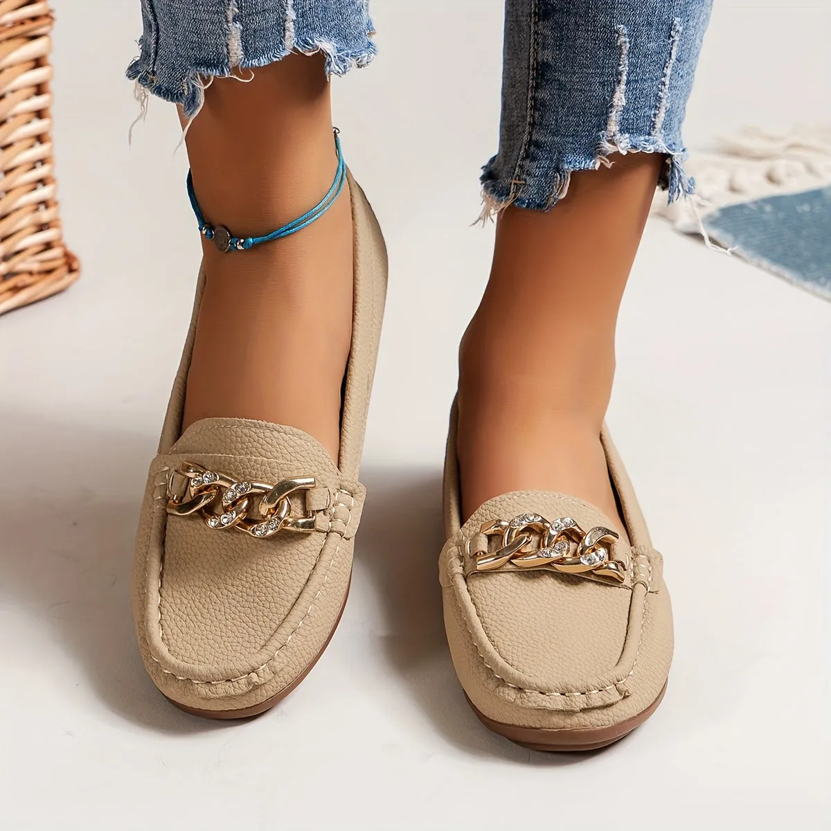 Dames loafers met strass ketting - Comfortabele slip-on schoenen