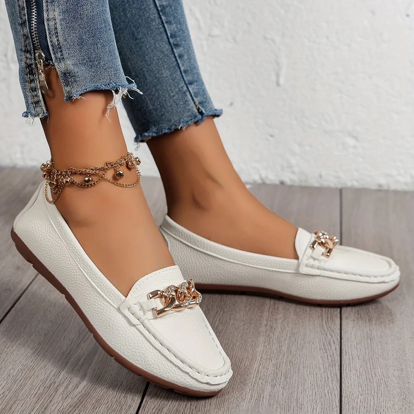 Dames loafers met strass ketting - Comfortabele slip-on schoenen