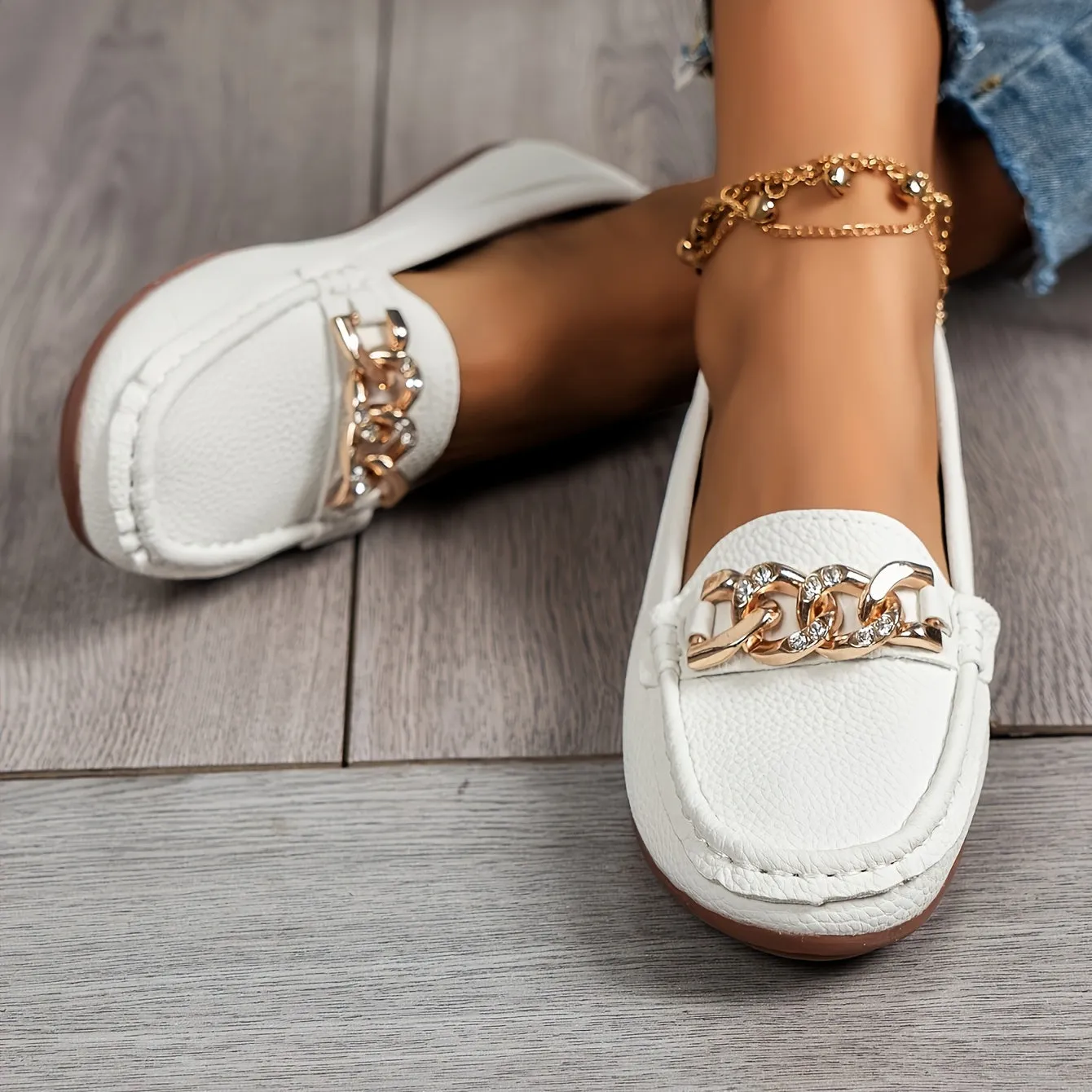 Dames loafers met strass ketting - Comfortabele slip-on schoenen