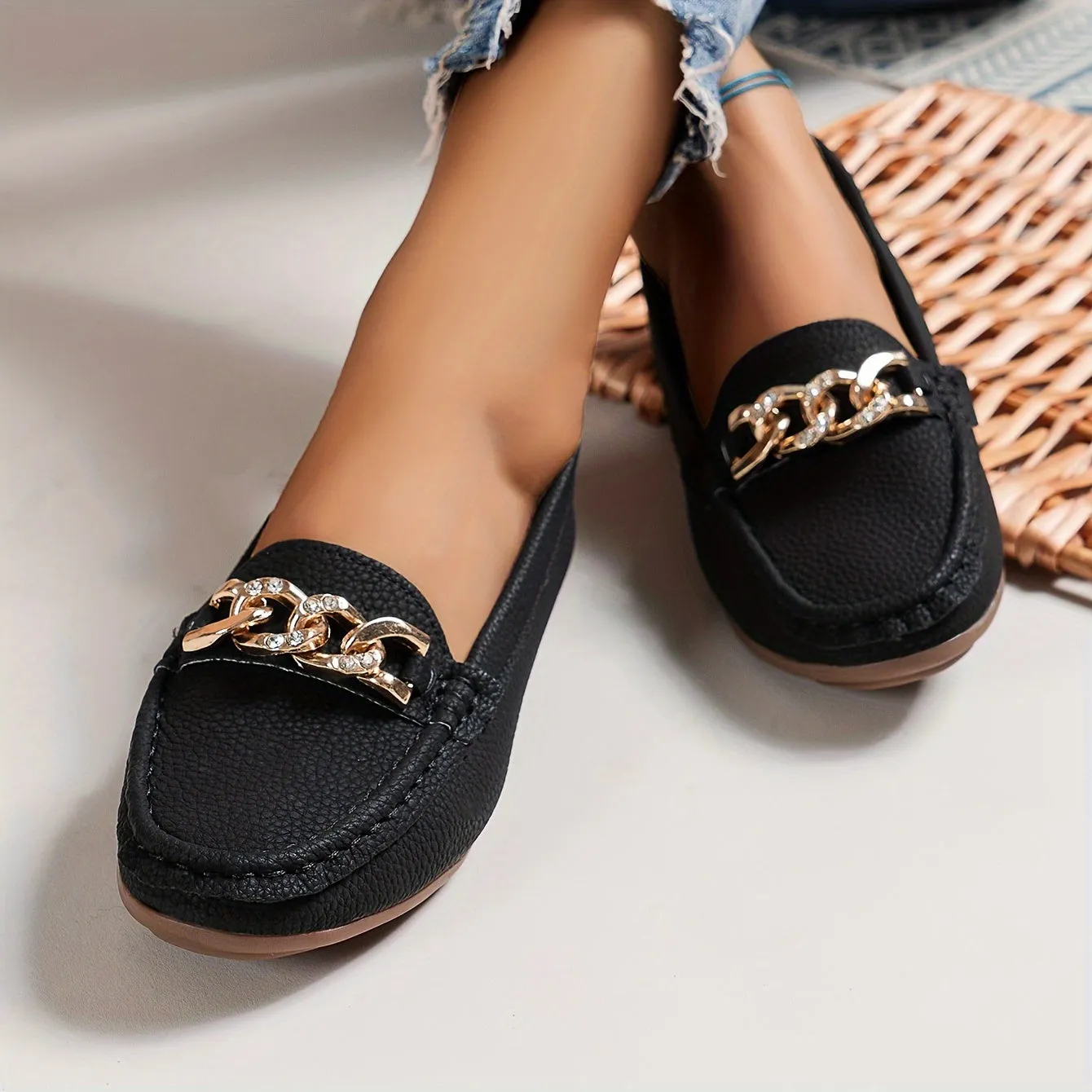 Dames loafers met strass ketting - Comfortabele slip-on schoenen