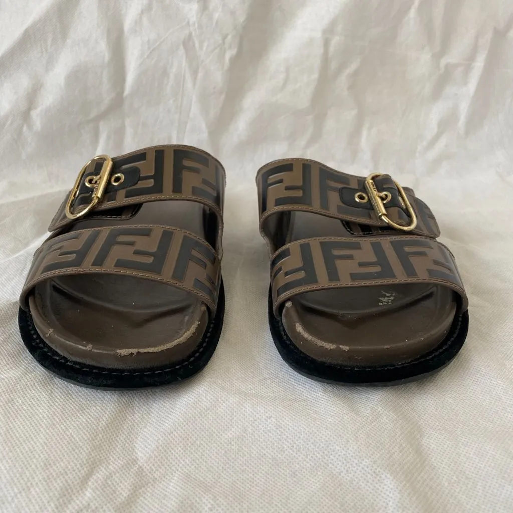 Fendi brown leather FF buckle slides, 38