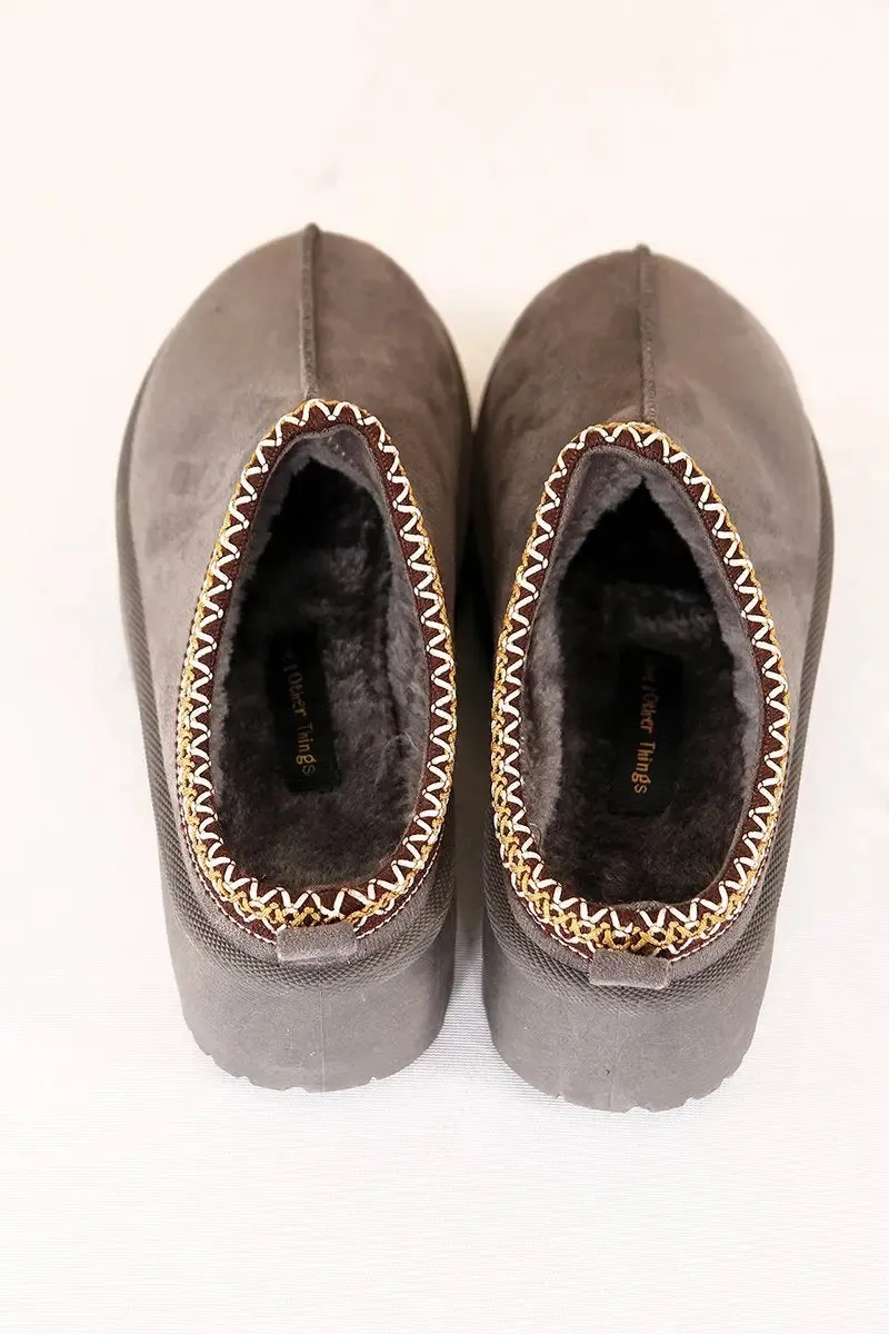 Grey Casual Textured Fur Chunky Thermal Slip-On