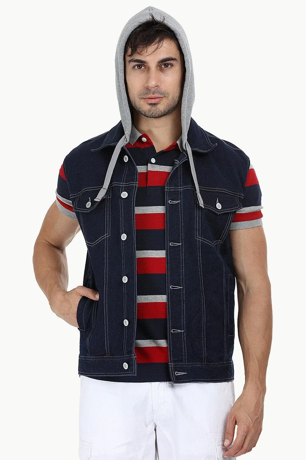 Hooded Sleeveless Denim Jacket