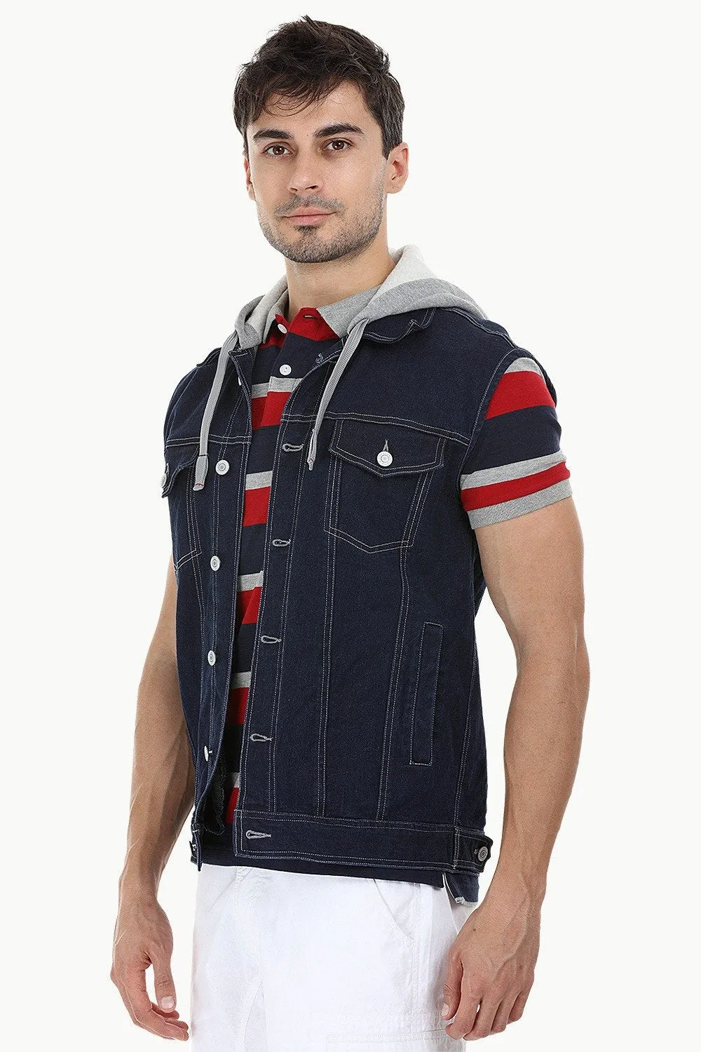 Hooded Sleeveless Denim Jacket
