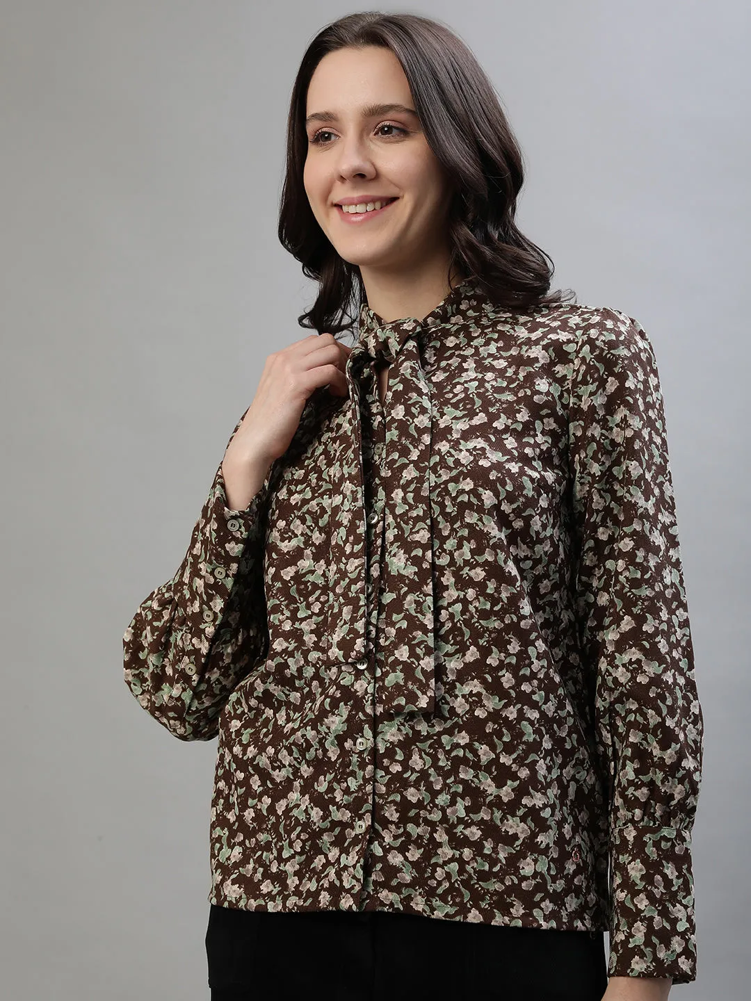Iconic Women Multicolor Printed Tie Up Neck Full Sleeves Top