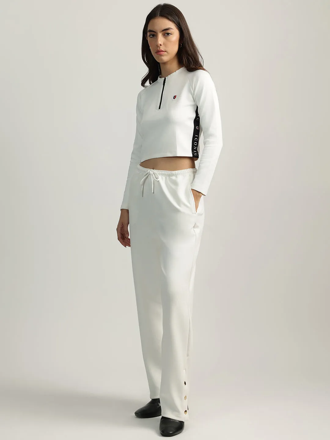 Iconic Women White Solid Mock Neck Full Sleeves Top