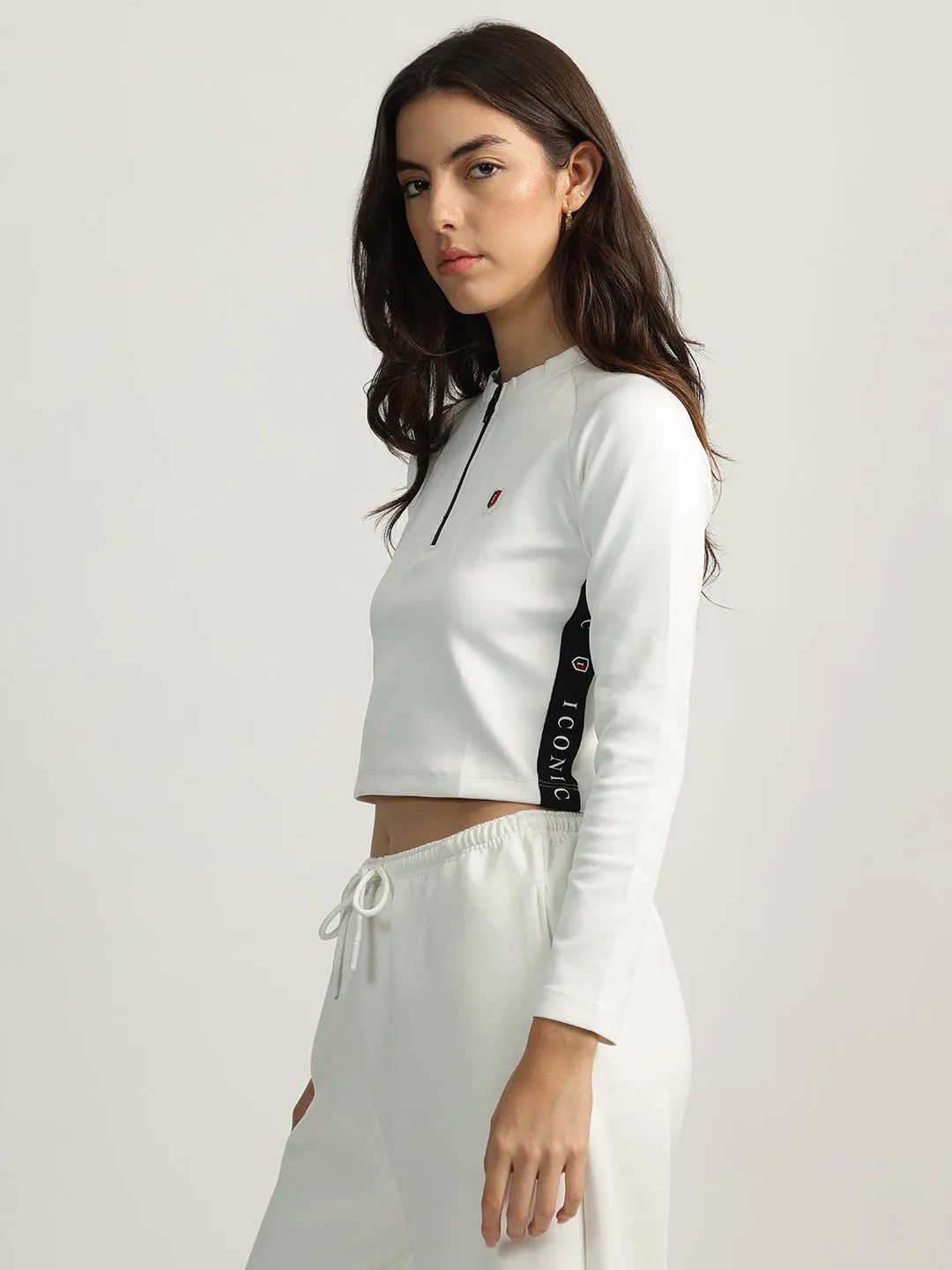Iconic Women White Solid Mock Neck Full Sleeves Top