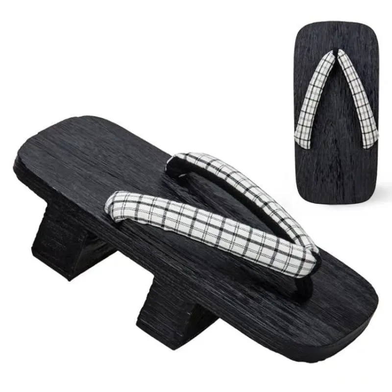 Men Black Two Teeth Geta Wooden Sandals 【White Check】