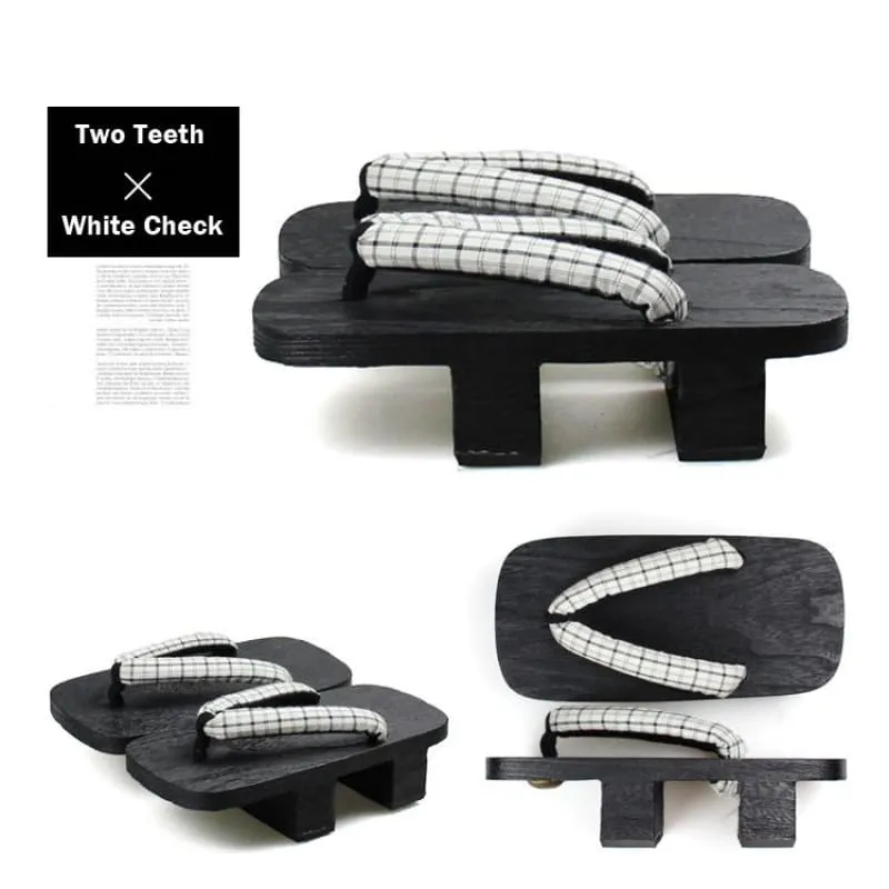 Men Black Two Teeth Geta Wooden Sandals 【White Check】