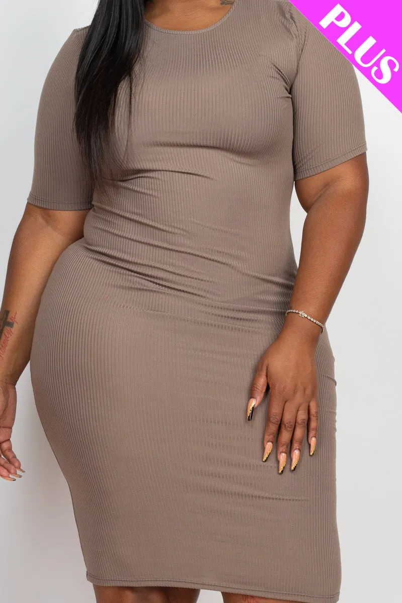 Plus Size Short Sleeved Ribbed Bodycon Midi Dress