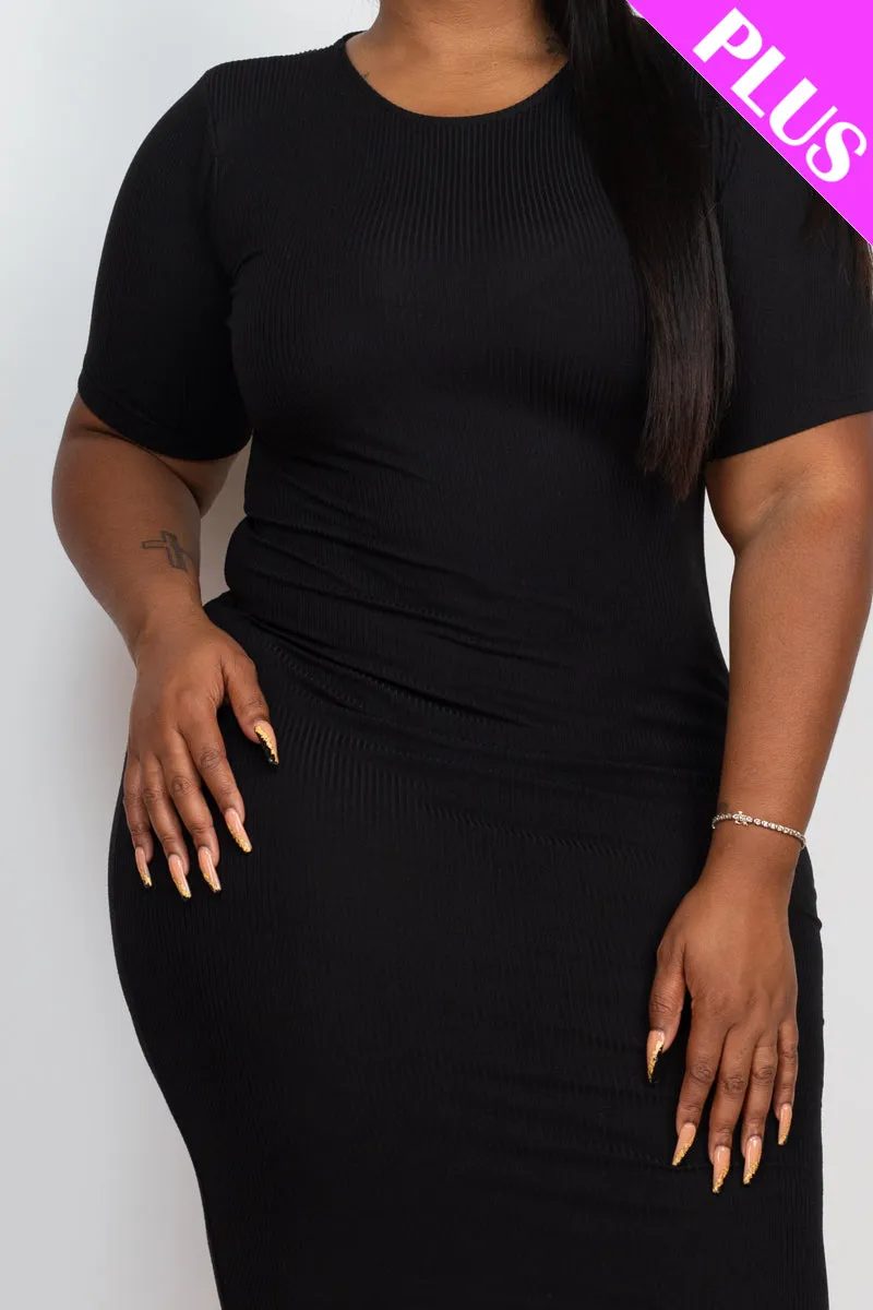 Plus Size Short Sleeved Ribbed Bodycon Midi Dress