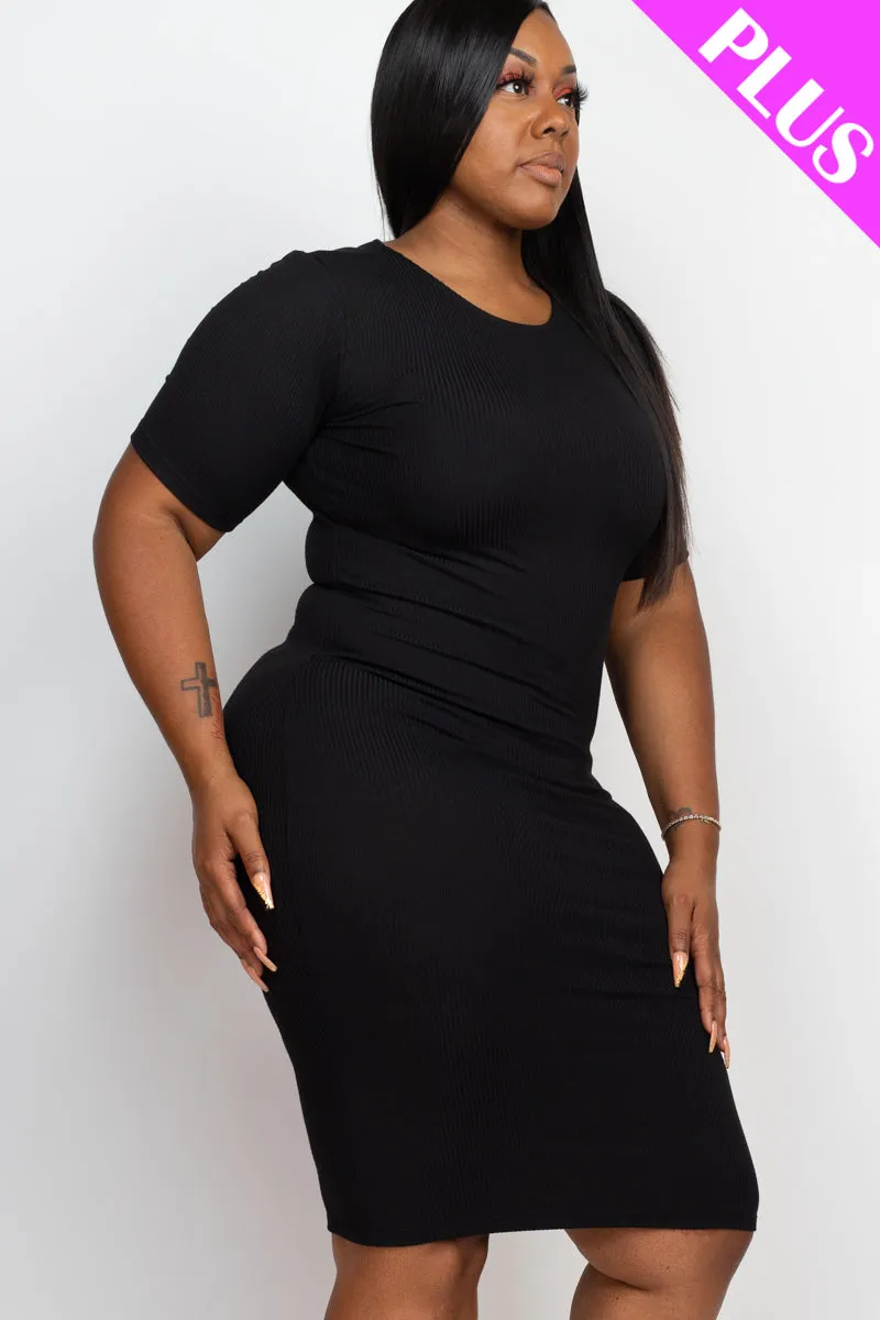 Plus Size Short Sleeved Ribbed Bodycon Midi Dress