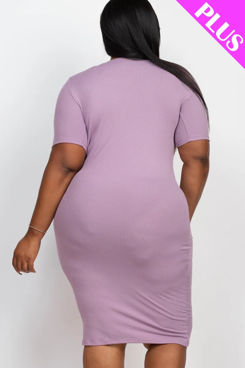 Plus Size Short Sleeved Ribbed Bodycon Midi Dress