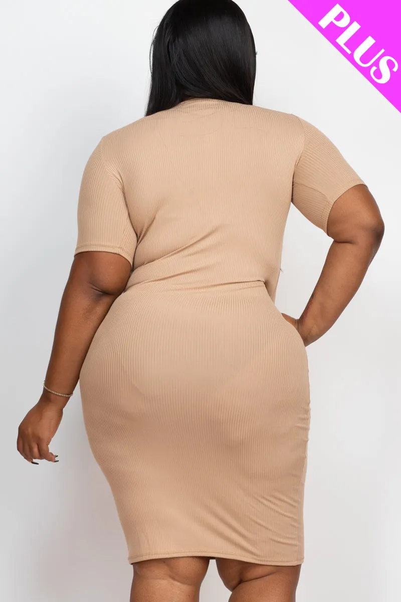 Plus Size Short Sleeved Ribbed Bodycon Midi Dress