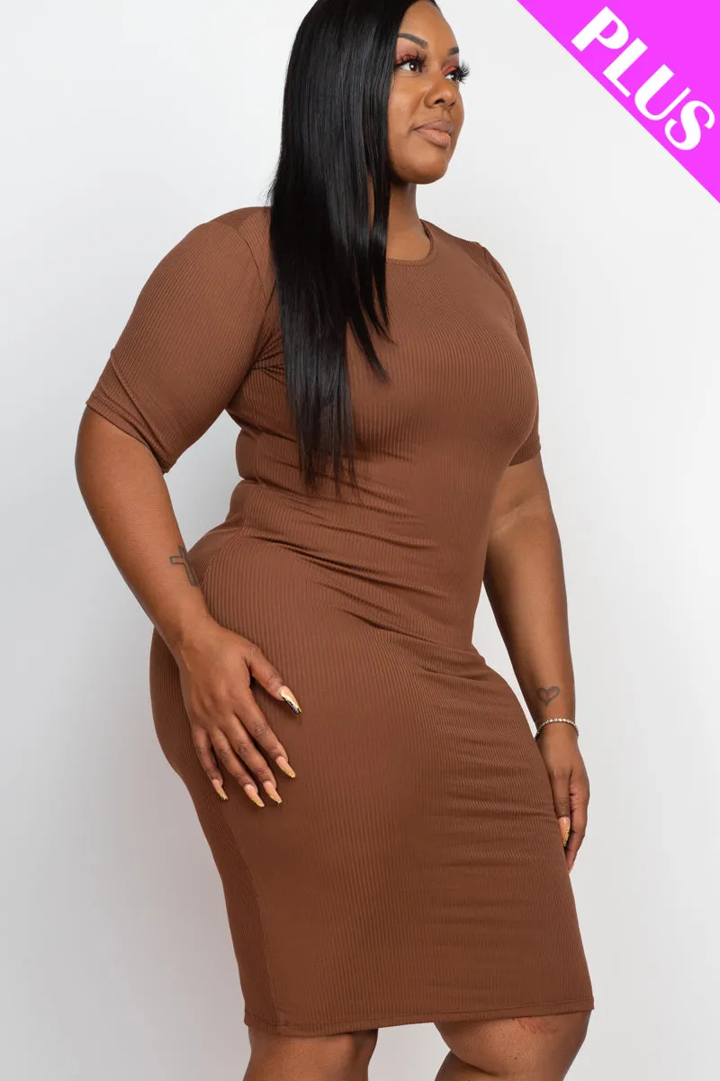 Plus Size Short Sleeved Ribbed Bodycon Midi Dress