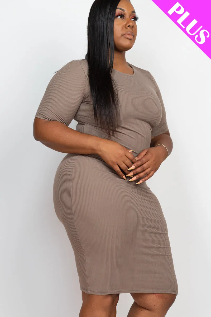 Plus Size Short Sleeved Ribbed Bodycon Midi Dress