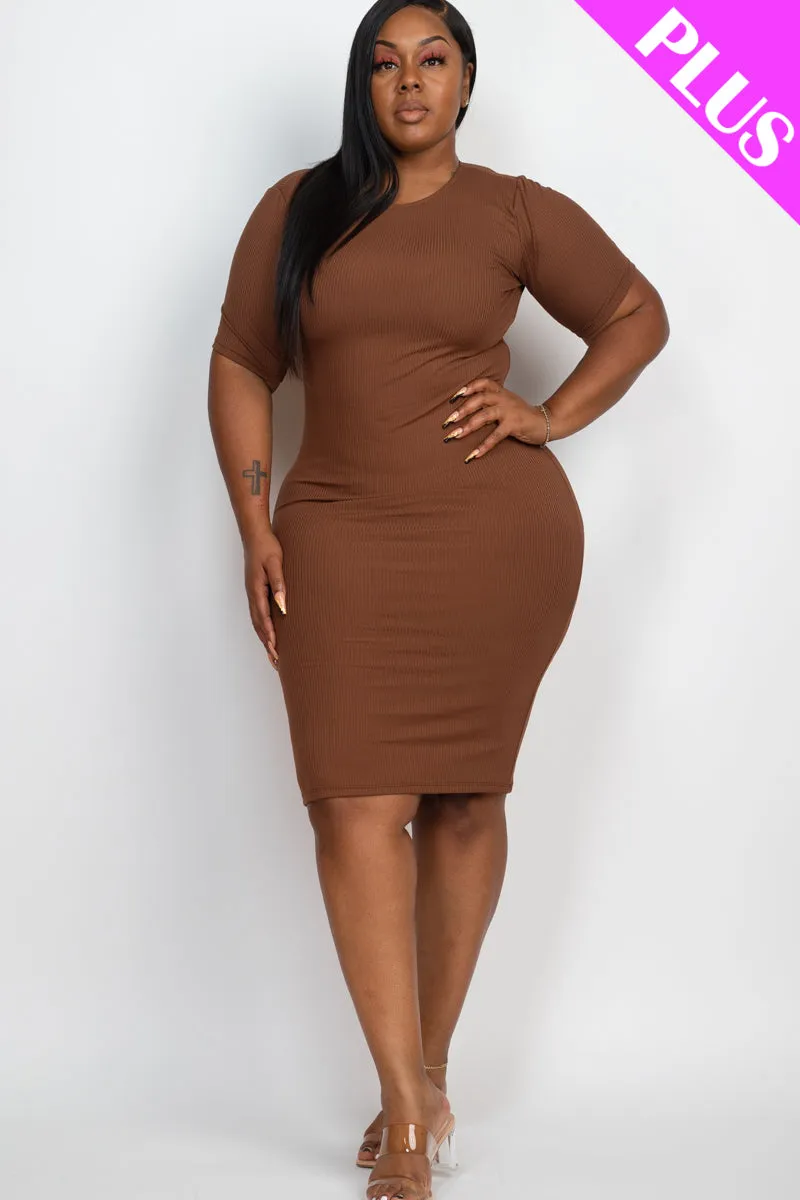 Plus Size Short Sleeved Ribbed Bodycon Midi Dress