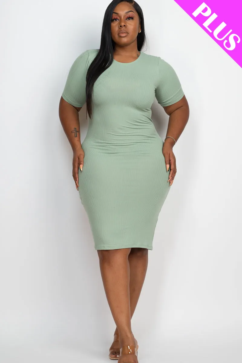 Plus Size Short Sleeved Ribbed Bodycon Midi Dress
