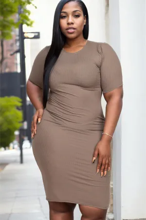 Plus Size Short Sleeved Ribbed Bodycon Midi Dress