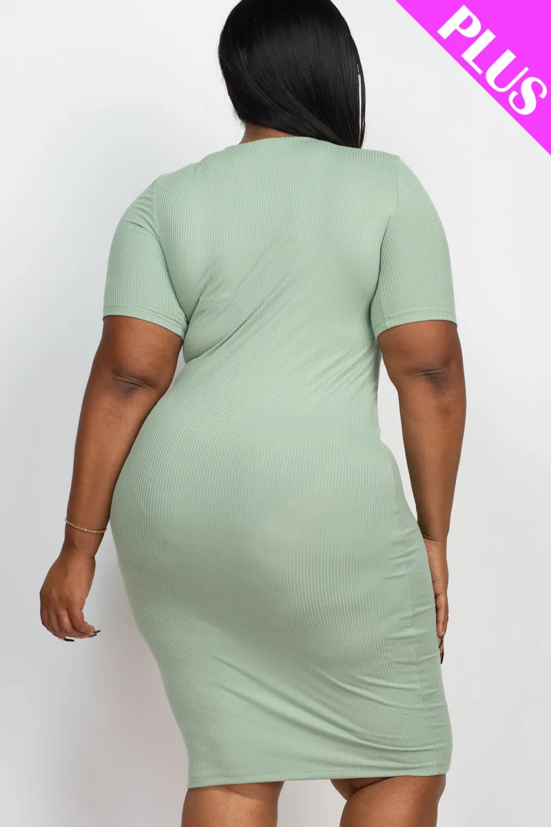 Plus Size Short Sleeved Ribbed Bodycon Midi Dress